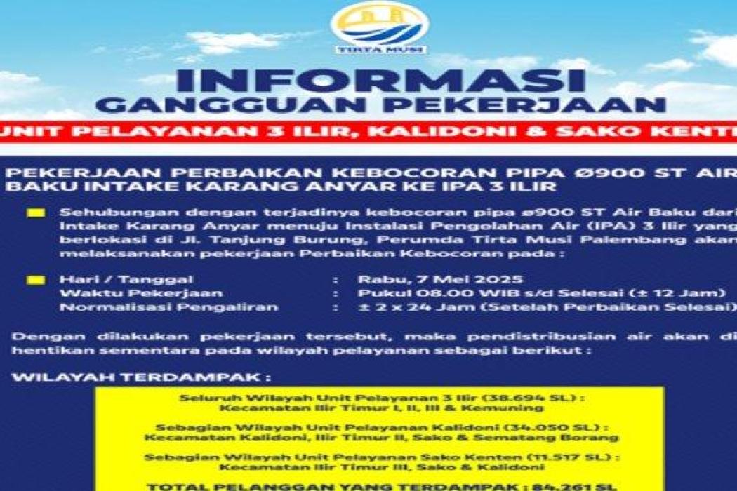 PDAM Tirta Musi Lakukan Perbaikan Pipa, Sejumlah Wilayah di Palembang Terdampak Distribusi Air Bersih Hari Ini